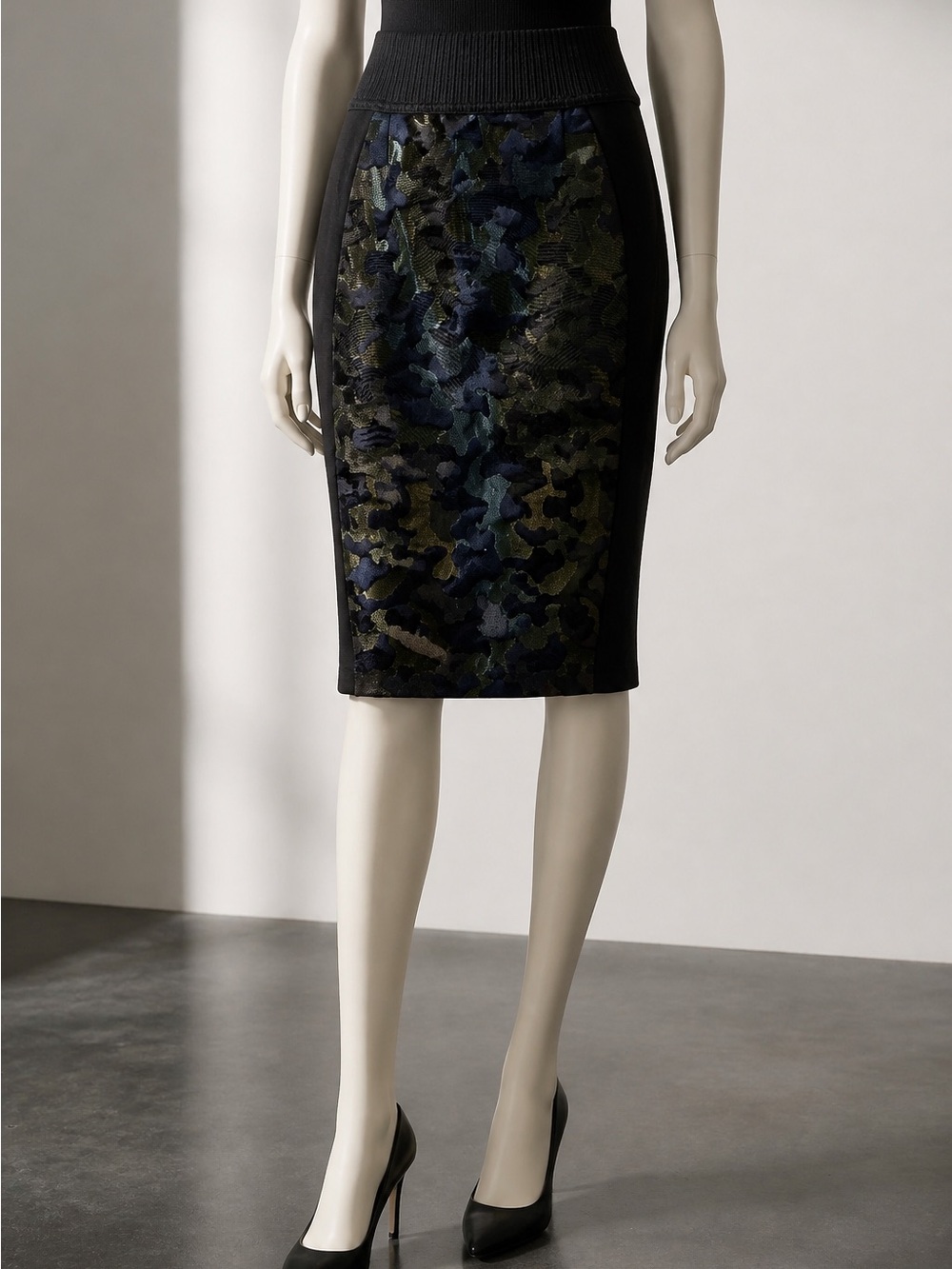 Black Pencil Skirt with black & Olive Camouflage Panel